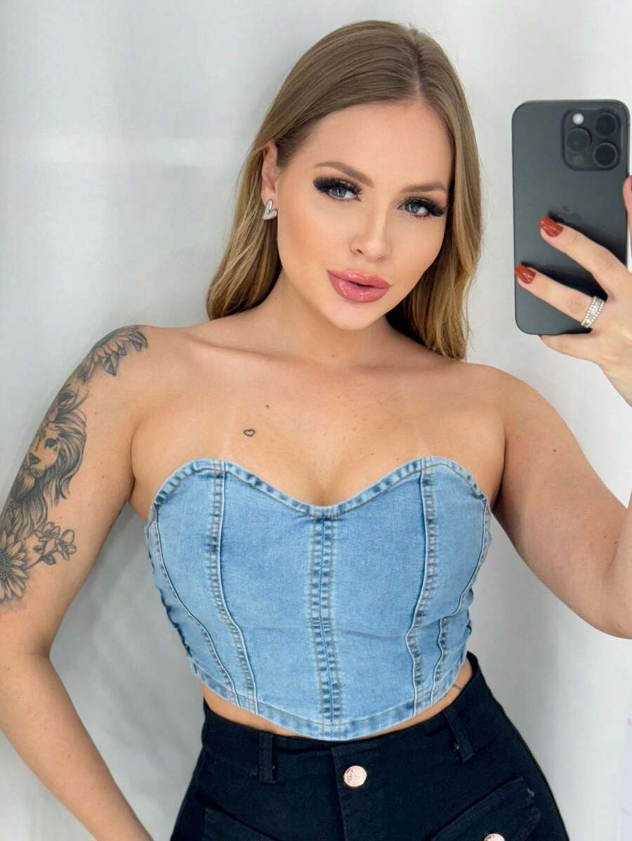 Women Denim Tops - 淺色水洗藍 - 查看 1