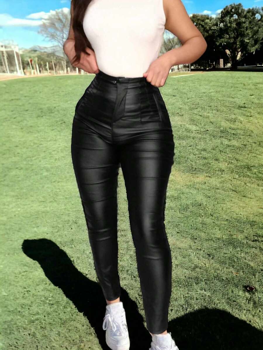 Pantalon vinipiel pinzas tiro alto legging vinil cintura alta - Negro - Ver 1