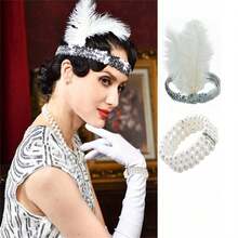 2入組女士單獨派對羽毛髮飾珍珠手鍊化妝跳舞表演髮飾 - 白色 - 查看 1
