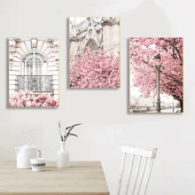 3 Piezas Pintura en lienzo de paisaje primaveral de París con flores de cerezo, rosas y peonías, póster de imagen romántica, obra de arte decorativa enmarcada - Rojo y blanco - Ver 5