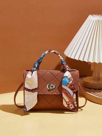 Sac Fourre-tout Carré Petit Imprimé Motif À Carreaux En Diamant À La Mode, Sac À Main, Sac En Bandoulière Avec Foulard En Soie