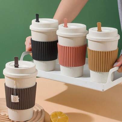 1个便携式可重复使用咖啡杯，采用小麦秸秆纤维制成，适合旅行、户外或办公室使用，4种颜色可选，带防漏、防滑和防尘盖。适用于餐厅、酒店、商业场所和家用车咖啡杯学校用品返校