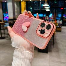 1pc Pink Clear Case With Anti-Drop Protective Electroplated Frame, Lens Film, Sparkling Heart Design, Tpu Soft Shell For Diy, Compatible With Iphone, Samsung, Redmi And Oppo - Pink - View 6