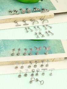 20pcs Stainless Steel Stud Earrings Set For Women Star Moon Flower Heart Leaf Opal 16G Or 20G Cartilage Earrings Hypoallergenic Flatback Earrings Piercing Jewelry Valentines - Ear Stud - View 6