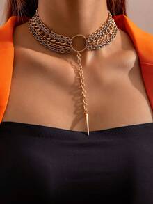 1pc Simple Multi-Layered Chunky Chain Circle Pendant Necklace For Women, Date Gift - 25583 - View 4