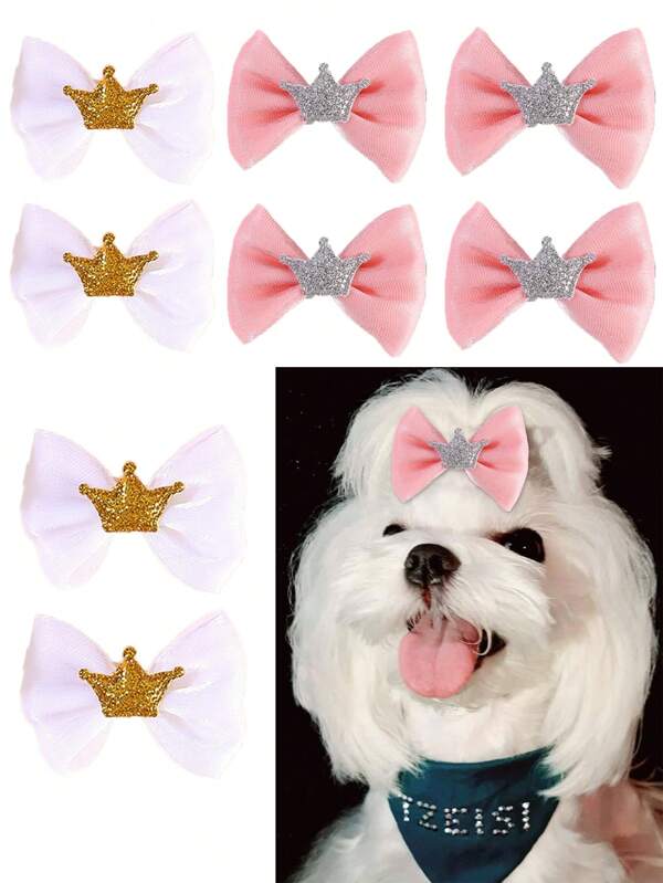 8pcs Solid Color Grosgrain Hair Bows For Dog And Cat,Puppy Dog Bow Hair Clips With Glitter Crown,Yorkie Dog Bows,Pet Hair Grooming,Pet Hair Accessories.(Pink+White)