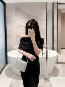 月夜女袋裝女式時尚閃爍鑲嵌扣式手袋晚宴包白色婚禮包裙裝包晚宴包派對包舞會小方包 - 白色 - 查看 9