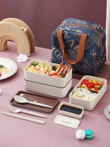 WORTHBUY 1 Set 1440ml Microwaveable Plastic Bento Box With Bag, Cutlery, And Sauce Container, Portable Leak-Proof Fruit Salad Food Container For Adults, Students, And Kids - Beige - View 10