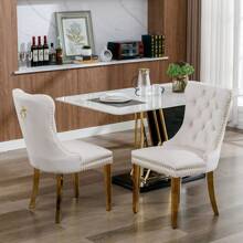 4 Piece Set Velvet Upholstered Dining Chairs, Wingback Armless Side Chairs Button Tufted With Gold/Silver Stainless Steel Plating Legs For Kitchen Dining Room. - Beige - View 3