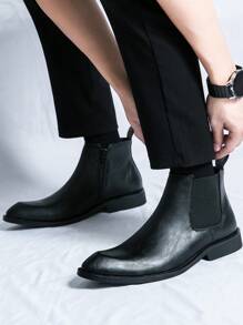 男式切爾西靴,尖頭高筒皮革短靴,側拉鍊,復古漸變色踝靴,街頭風格多用途休閒鞋適用於跳舞派對,秋冬保暖戶外高筒車靴 - 黑色 - 查看 2