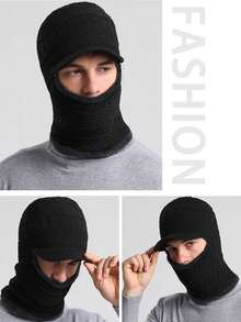 1件男士黑色針織口罩帽，防風防寒秋冬戶外遮陽保暖毛線帽，休閒多功能防護質料配件帽子。 - 黑色 - 查看 4