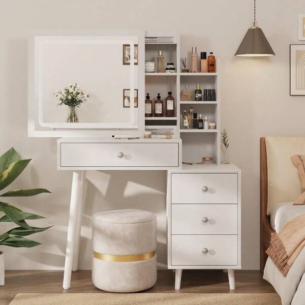 SUNVIVI Vanity Desk with LED Sliding Lighted Mirror, Makeup Table with