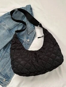 黑色尼龙休闲运动风水钻拼接大容量可折叠拉链单肩包，可作为斜挎包或单肩包使用，适合女性秋冬季日常工作、购物、旅游、度假、聚会、生日礼物、时尚单品。 - 黑色 - 查看 7