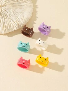 6pcs/set Colorful Cat Design Resin Ring Set - Multicolor - View 2