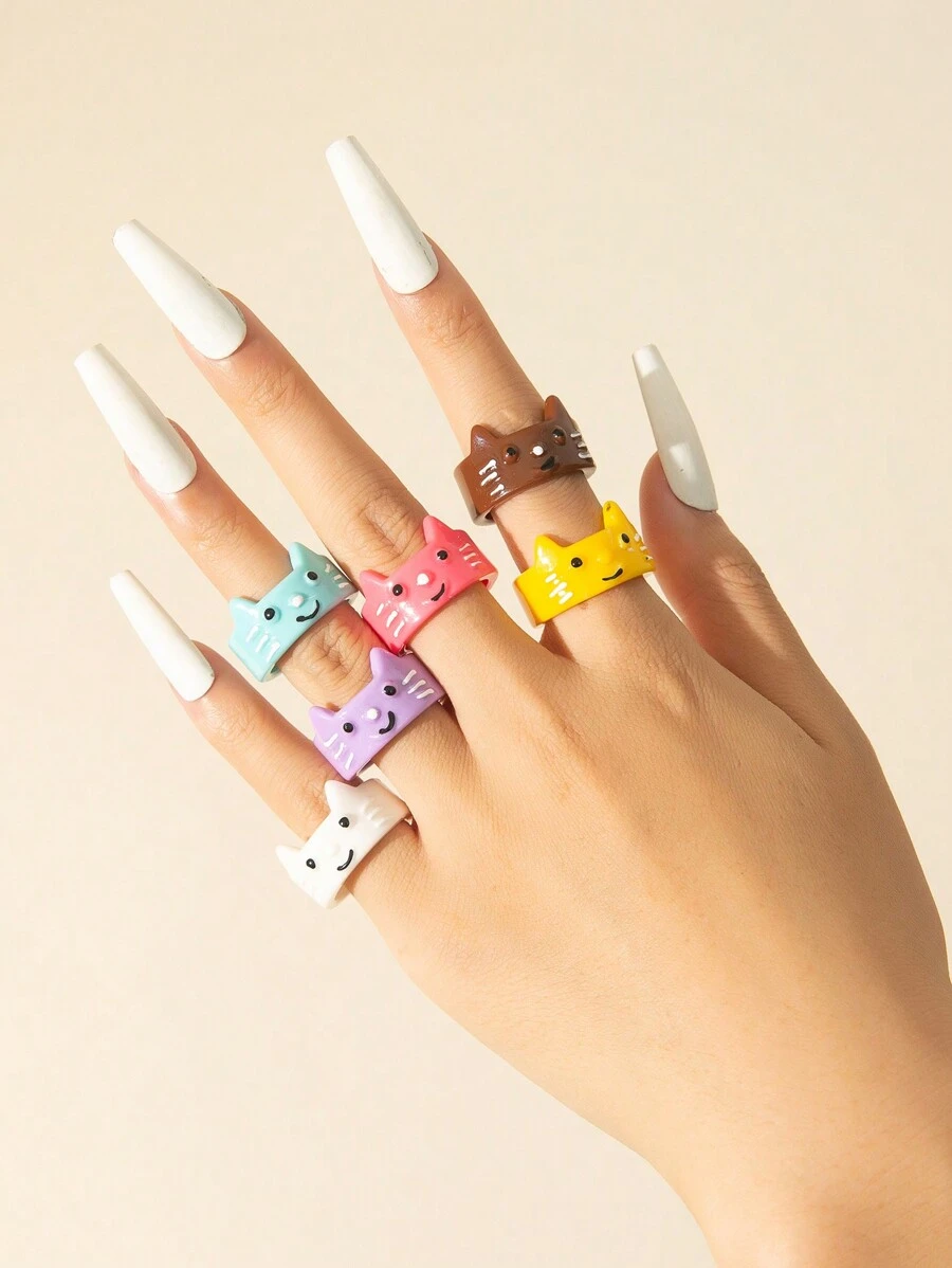 6pcs/set Colorful Cat Design Resin Ring Set - Multicolor - View 1