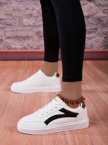 女式新款皮革防水運動休閒防滑運動鞋,圓頭柔軟鞋底,時尚風格適用於全季節,適合旅行和戶外活動,黑色 - 黑與白 - 查看 2
