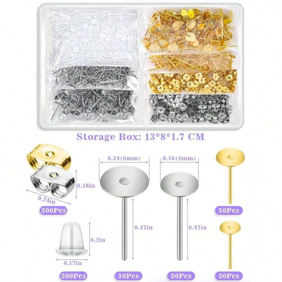 珠寶製作用耳釘-600pcs不銹鋼耳釘和耳背,帶有橡膠耳背的銀色/金色耳釘,用於製作耳環配件 - 銀色&金色-600件 - 查看 1