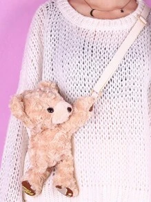 卡通毛絨肩背包&斜挎包,豬,恐龍,熊貓,鴨,熊掌形狀,大容量,適用於女性 - 杏色 - 查看 5