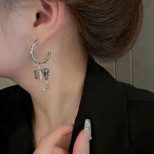 1对925银针形C形锁和钥匙耳环，甜美酷炫风格个性化设计吊坠，百搭时尚的女士耳饰，适合日常佩戴和节日礼物 - 銀色 - 查看 3