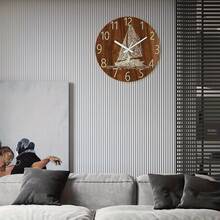 12英寸夜光木質圓形掛鐘,帆船圖案復古托斯卡納鄉村風格,靜音電池驅動,適用於廚房、臥室、辦公室家居等房間掛鐘(不含電池) - 棕色 - 查看 10