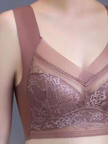 5pcs Women's Contrast Lace Seamless & Wirefree Bra With Padding, Lingerie