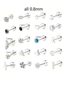 20pcs Stainless Steel Stud Earrings Set For Women Star Moon Flower Heart Leaf Opal 16G Or 20G Cartilage Earrings Hypoallergenic Flatback Earrings Piercing Jewelry Valentines - Ear Stud - View 17