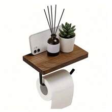 1 件胡桃木衛生紙架儲物架無鑽孔,太空鋁浴室紙巾架,實木 - 黑色 - 查看 1