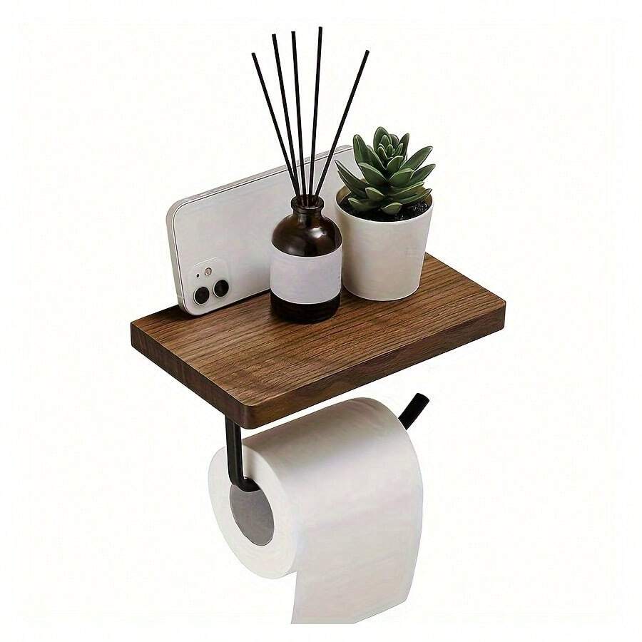 1 件胡桃木衛生紙架儲物架無鑽孔,太空鋁浴室紙巾架,實木 - 黑色 - 查看 1