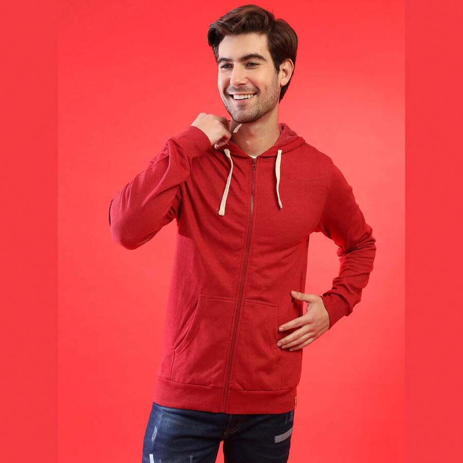 Campus Sutra Men Zipper Solid Full Sleeve Stylish Casual Hooded Sweatshirts - 紅色 - 查看 1