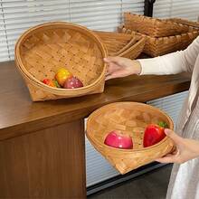 Handmade Woven Wood Chip Storage Basket, Open Storage Bin Fruits & Vegetables Basket Bread & Snack Storage Basket Storage Basket For Photography Props, Bathroom Supplies Storage Basket, Outdoor Picnic Basket - Brown - View 5