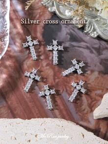 6pcs/pack European And American Style Luxury Cross Shaped Nail Art Decoration With Y2k Metallic And Gothic Design - Silver - View 4