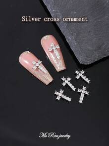 6pcs/pack European And American Style Luxury Cross Shaped Nail Art Decoration With Y2k Metallic And Gothic Design - Silver - View 5