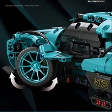 1:14比例帶小顆粒積木的moc賽車模型,適合成年人,具有高難度的機械動力組裝,具有改裝能力的真實小型公牛超跑玩具,是假期的好禮物 - 藍色 - 查看 5