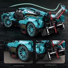 1:14比例帶小顆粒積木的moc賽車模型,適合成年人,具有高難度的機械動力組裝,具有改裝能力的真實小型公牛超跑玩具,是假期的好禮物 - 藍色 - 查看 3