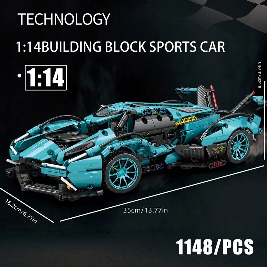 1:14比例帶小顆粒積木的moc賽車模型,適合成年人,具有高難度的機械動力組裝,具有改裝能力的真實小型公牛超跑玩具,是假期的好禮物