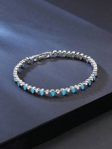 1件真925純銀綠松石網球鍊手鍊,獨特的水滴形狀鋯石連鎖設計,女性手鍊,華麗的珠寶,是生日、新年和周年紀念日的最佳禮物 - 銀色 - 查看 2