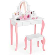 Children's Dressing Table With Mirror, Princess Dressing Table With 3 Drawers And 2 Shelves, Wooden Cosmetic Table With Stool, Dressing Table For Girls - 白色 - 查看 1