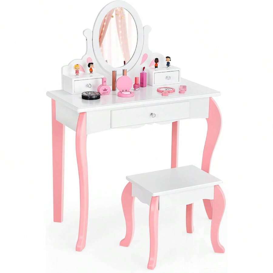 Children's Dressing Table With Mirror, Princess Dressing Table With 3 Drawers And 2 Shelves, Wooden Cosmetic Table With Stool, Dressing Table For Girls - 白色 - 查看 1