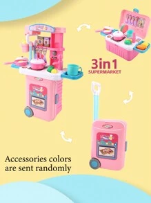 迷你 3 合 1 廚房玩具套件兒童家庭假裝廚房玩具食品套裝烹飪、玩具鍋碗瓢盆兒童廚房帶假玩具食品炊具餐具,女孩禮物粉色 - 粉色 - 查看 6