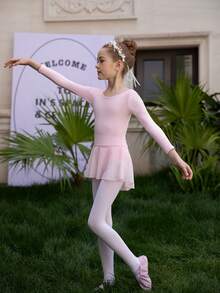 年輕女孩長袖芭蕾舞連身衣舞蹈裙，童裝開口背後蕾絲芭蕾舞裙 - 粉色 - 查看 4