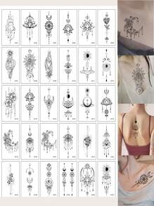 30pcs/set Solid Color Tattoo Stickers Featuring Sun, Moon, Rose, Peony, Lotus Pattern, Waterproof Temporary Tattoo Stickers Suitable For Adults Men And Women