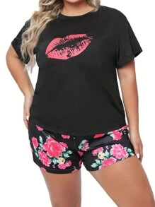 大尺碼女性舒適休閒短袖上衣時尚印花短褲套裝,夏季家居服 - 黑色 - 查看 1