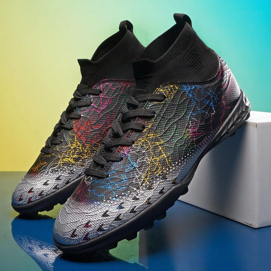 無性別短釘足球鞋,適用於人造草地戶外運動,高筒透氣防滑專業訓練和競賽足球靴 - 黑色 - 查看 1