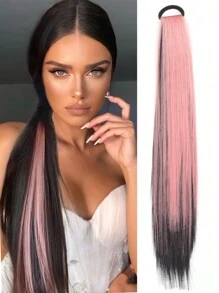 漸層黑粉直鬆馬尾控毛帶拉鬆頭套裝女士熱阻高馬尾假髮 - 彩色 - 查看 1