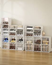 HEXCELEN Zapatero, Zapatero de 8 Niveles con Cerradura de Tapa y Ganchos, Zapatero de plástico de Gran Espacio, Organizador de Zapatos para Pasillos, Dormitorios, Entradas, Blanco - Blanco - Ver 3