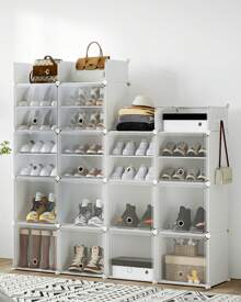 HEXCELEN Zapatero, Zapatero de 8 Niveles con Cerradura de Tapa y Ganchos, Zapatero de plástico de Gran Espacio, Organizador de Zapatos para Pasillos, Dormitorios, Entradas, Blanco - Blanco - Ver 4