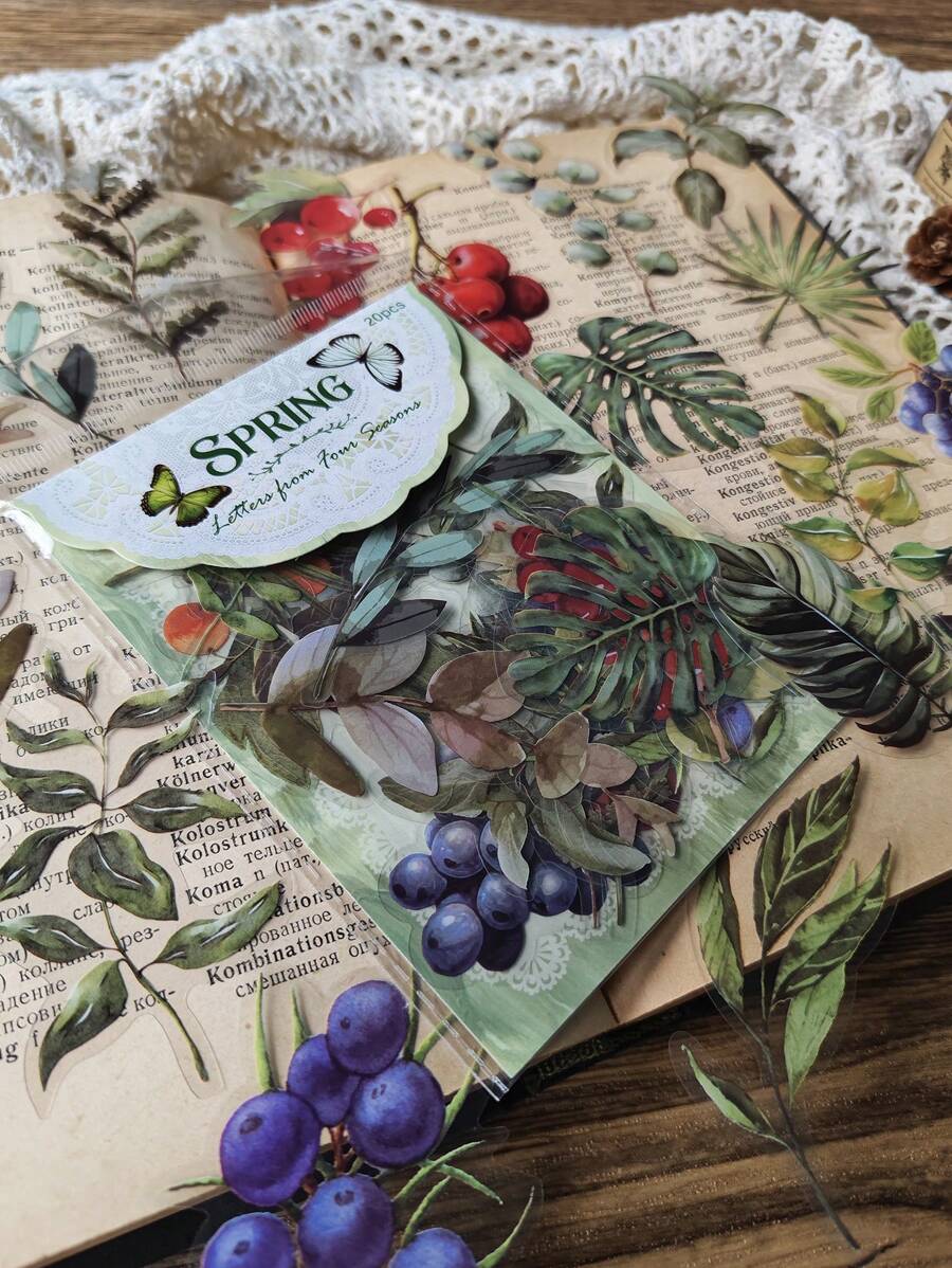 20pcs/1pack Vintage Plants Flower Decorative PET Leaves Stickers Retro Diy Handbook Material Scrapbooking Label Diary Journal Planner - Multicolor - View 1