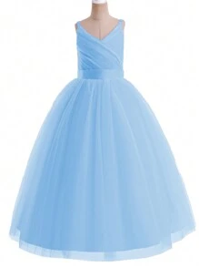 Girls Spaghetti Strap Tulle Dress, Suitable For Flower Girl, Wedding, Prom, Graduation, Evening Gown, Summer - Baby Blue - View 3