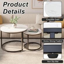Round Nesting Coffee Table Side Table Set of 2 End Tables for Living Room Bedroom Balcony,White Faux Marble Wooden Table 31IN Accent Large Coffee Table with Black Steel Frame - White - View 4