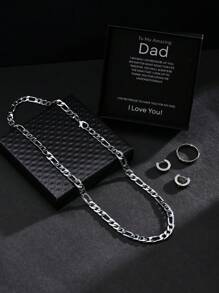4pcs Silver-Tone Men'S Minimalist Stainless Steel Necklace + Ring + Earrings Set With Blessing Card And Gift Box, For Father/ Son/ Boyfriend/ Men - Silver - View 8
